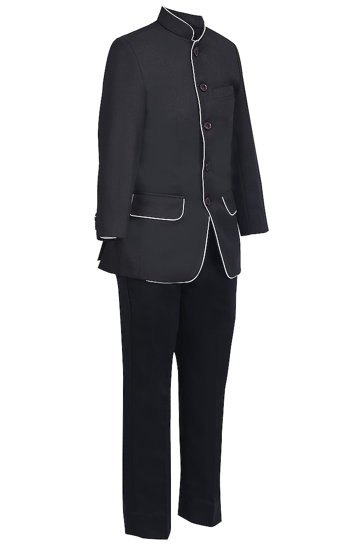 Black Suiting Embroidered Bandhgala Set For Boys by Pooja Wang at Pernia's Pop Up Shop