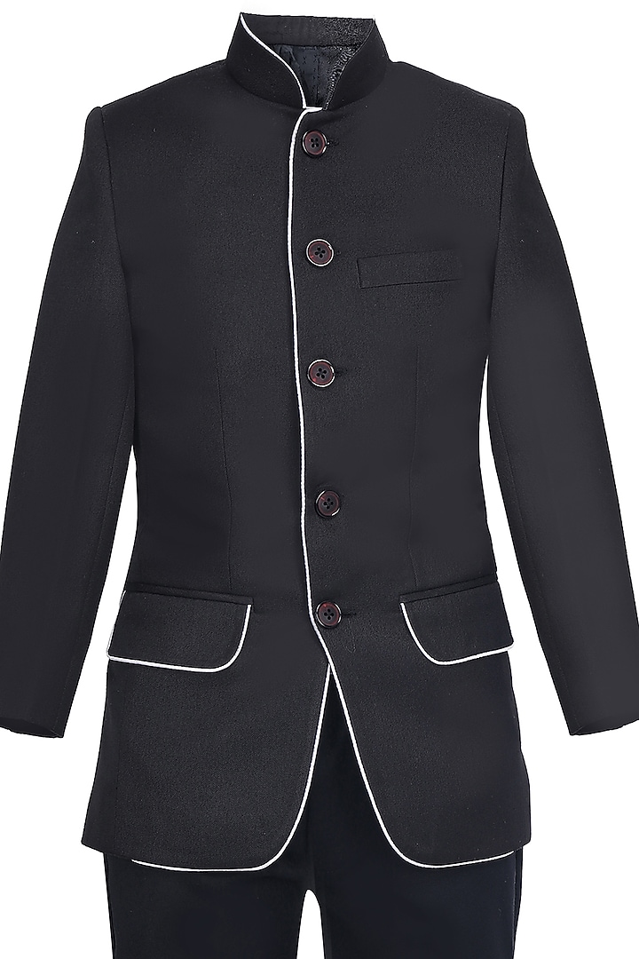 Black Suiting Embroidered Bandhgala Set For Boys by Pooja Wang at Pernia's Pop Up Shop