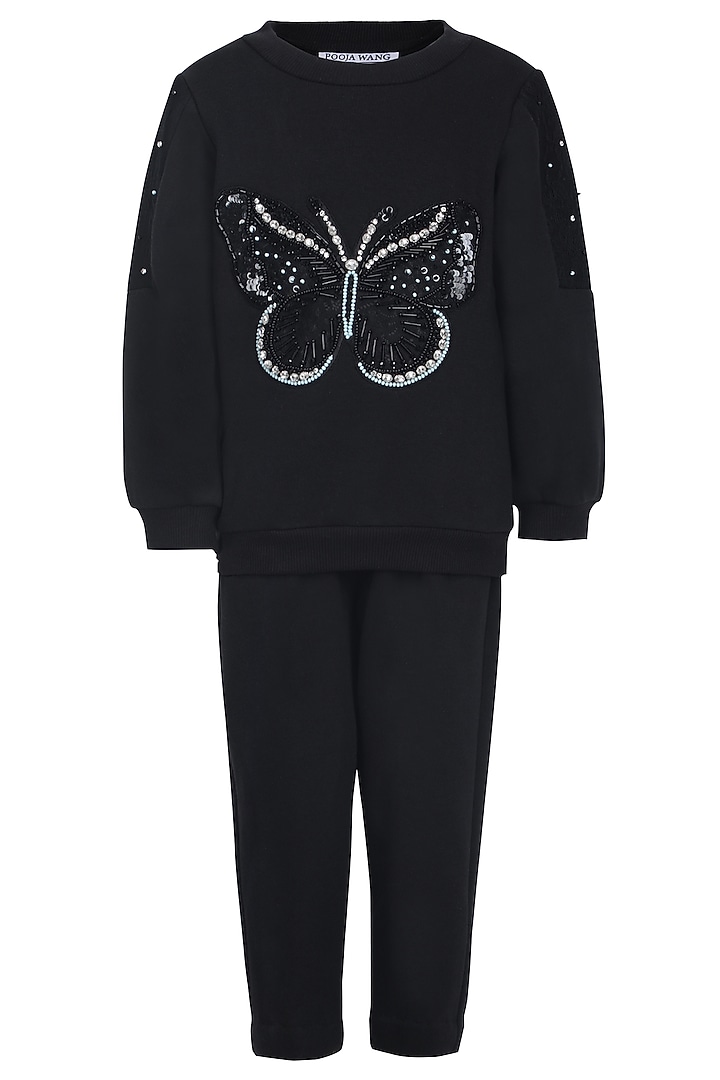 Black Fleece Embroidered Co-Ord Set For Girls by Pooja Wang at Pernia's Pop Up Shop