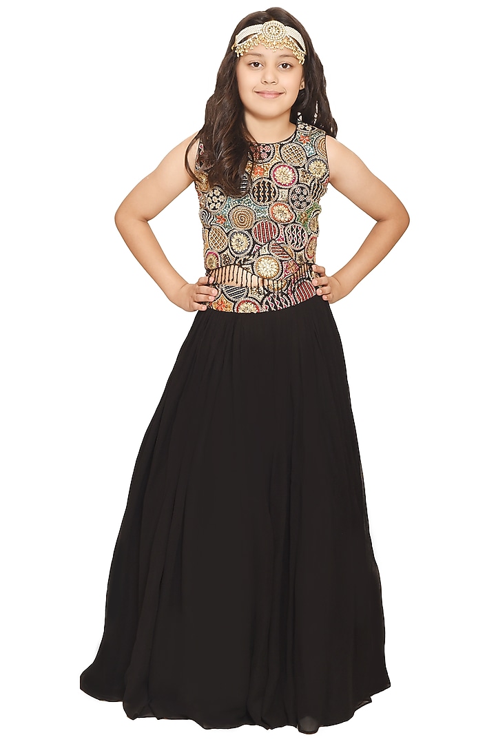 Black Georgette Lehenga Set For Girls by Pooja Wang at Pernia's Pop Up Shop
