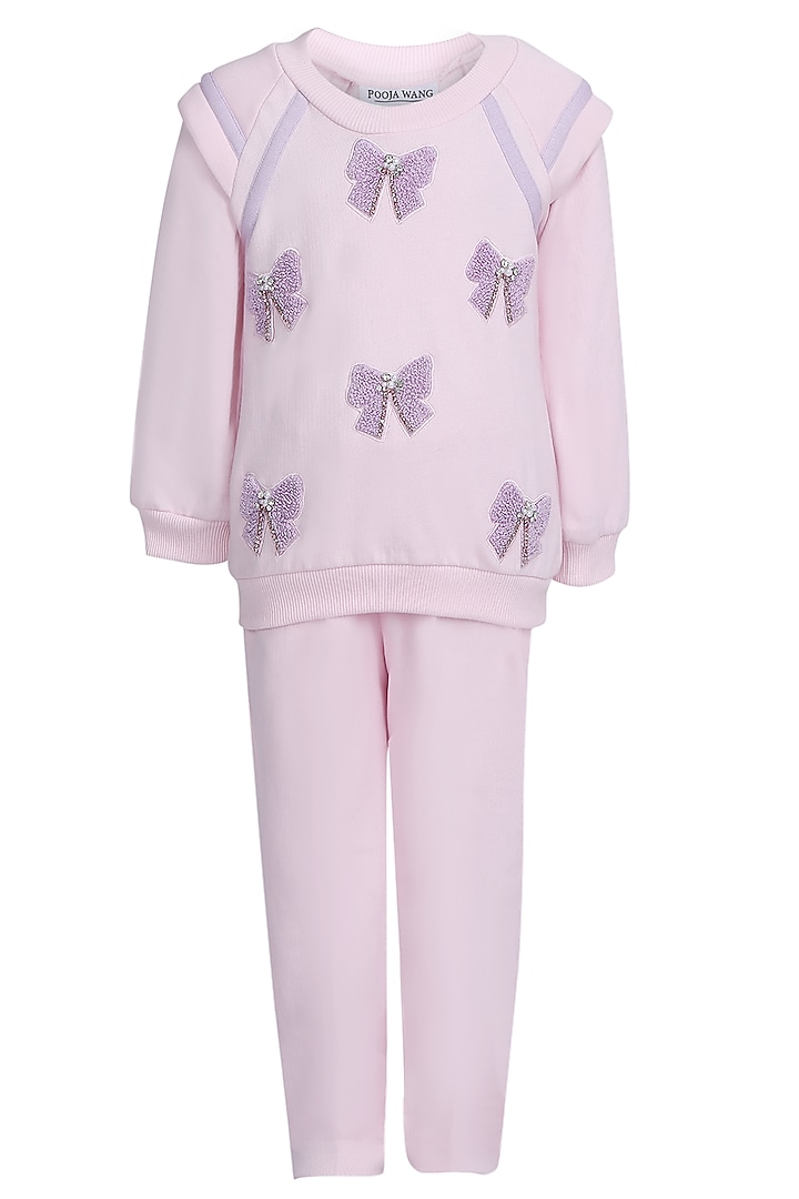 Baby Pink Fleece Embroidered Co-Ord Set For Girls by Pooja Wang at Pernia's Pop Up Shop