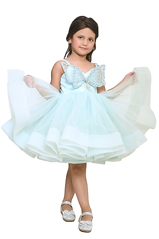 Sea Green Net Dress For Girls by Pooja Wang