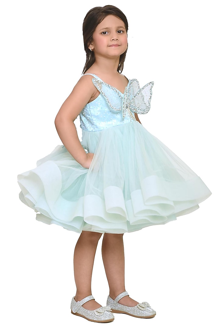 Sea Green Net Dress For Girls by Pooja Wang at Pernia's Pop Up Shop