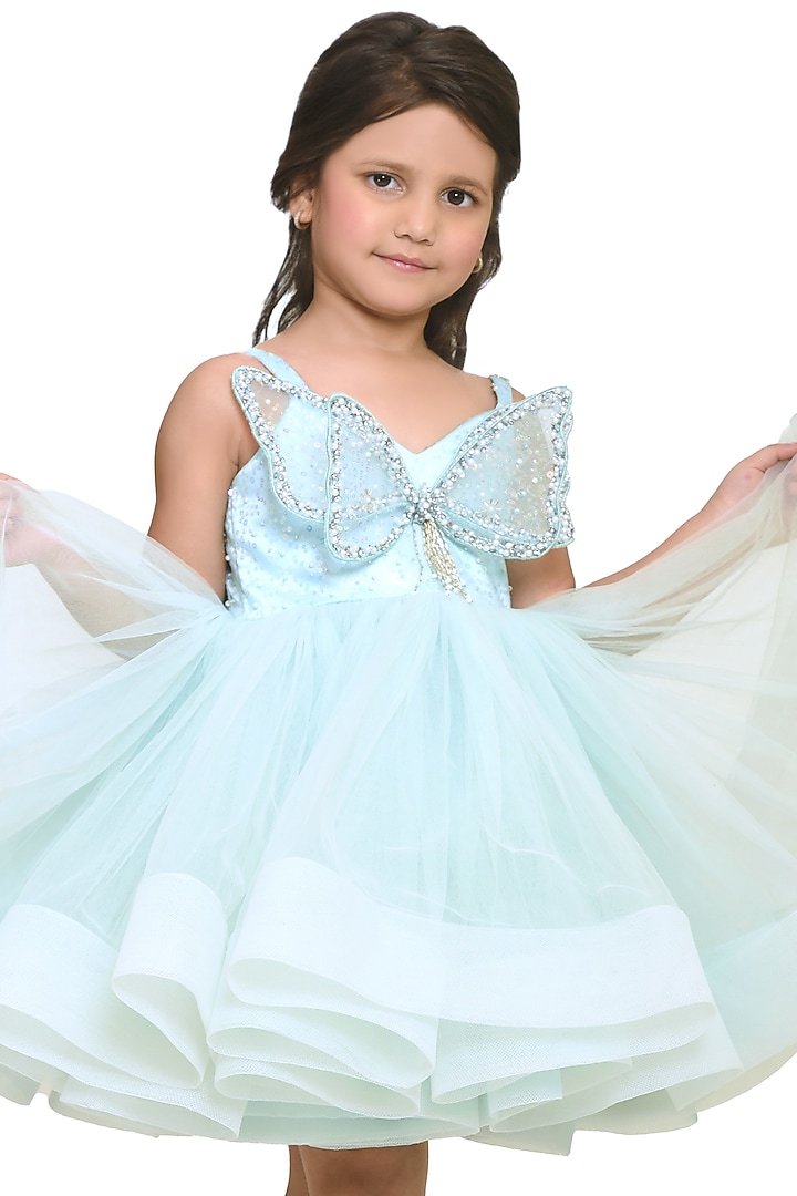 Sea Green Net Dress For Girls by Pooja Wang at Pernia's Pop Up Shop