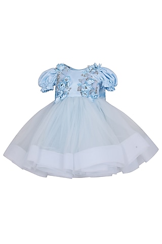 Ice Blue Net Dress For Girls by Pooja Wang