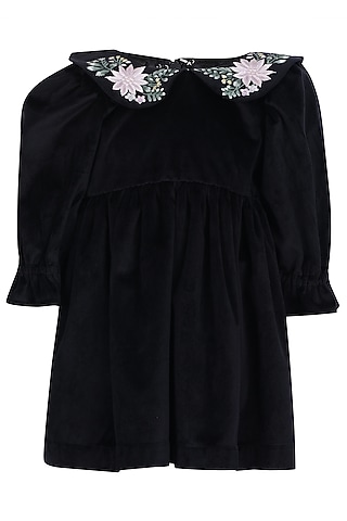 Black Velvet Embroidered Dress For Girls by Pooja Wang