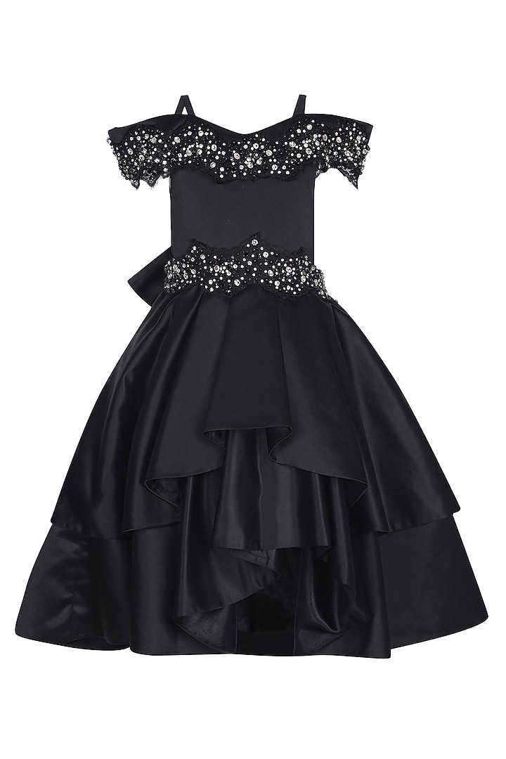 Black Dutch Satin Embellished Off-Shoulder Dress For Girls by Pooja Wang at Pernia's Pop Up Shop