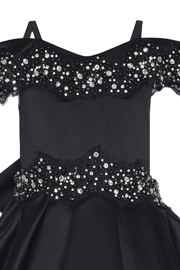 Black Dutch Satin Embellished Off-Shoulder Dress For Girls by Pooja Wang at Pernia's Pop Up Shop