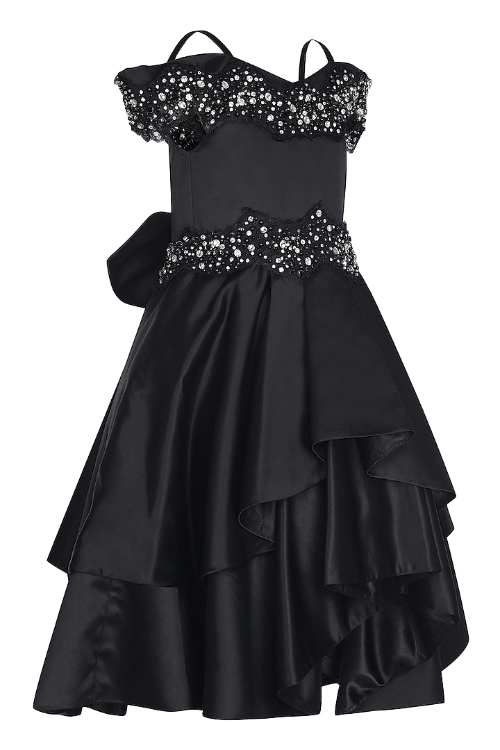 Black Dutch Satin Embellished Off-Shoulder Dress For Girls by Pooja Wang at Pernia's Pop Up Shop