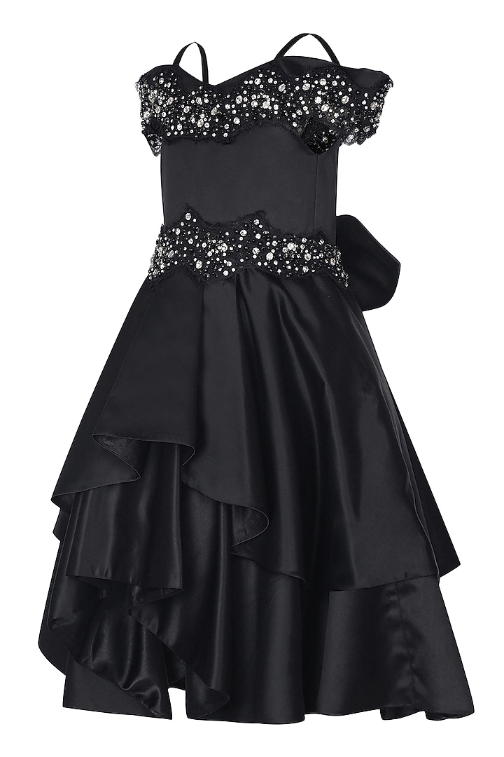 Black Dutch Satin Embellished Off-Shoulder Dress For Girls by Pooja Wang at Pernia's Pop Up Shop