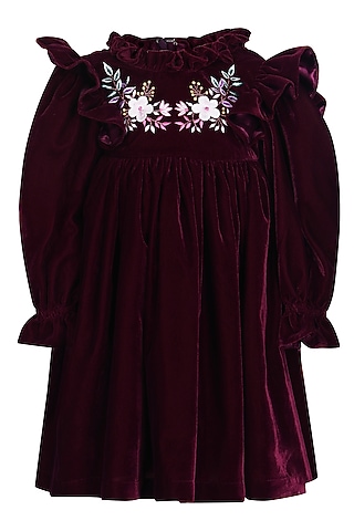 Maroon Velvet Embroidered Dress For Boys by Pooja Wang