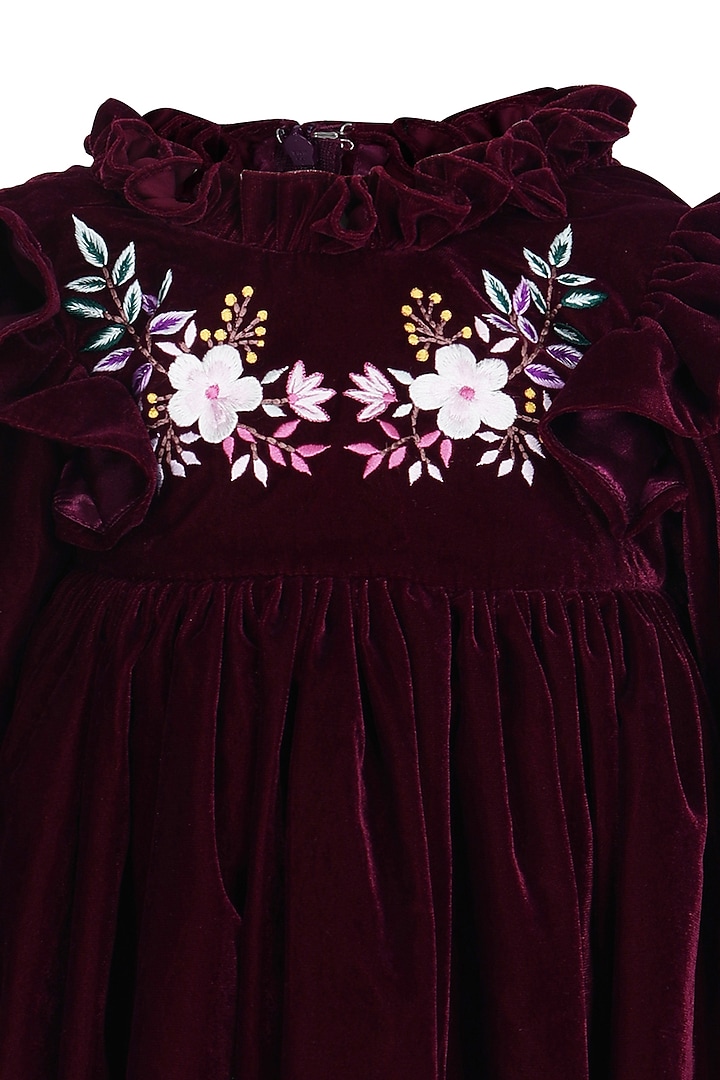 Maroon Velvet Embroidered Dress For Boys by Pooja Wang at Pernia's Pop Up Shop