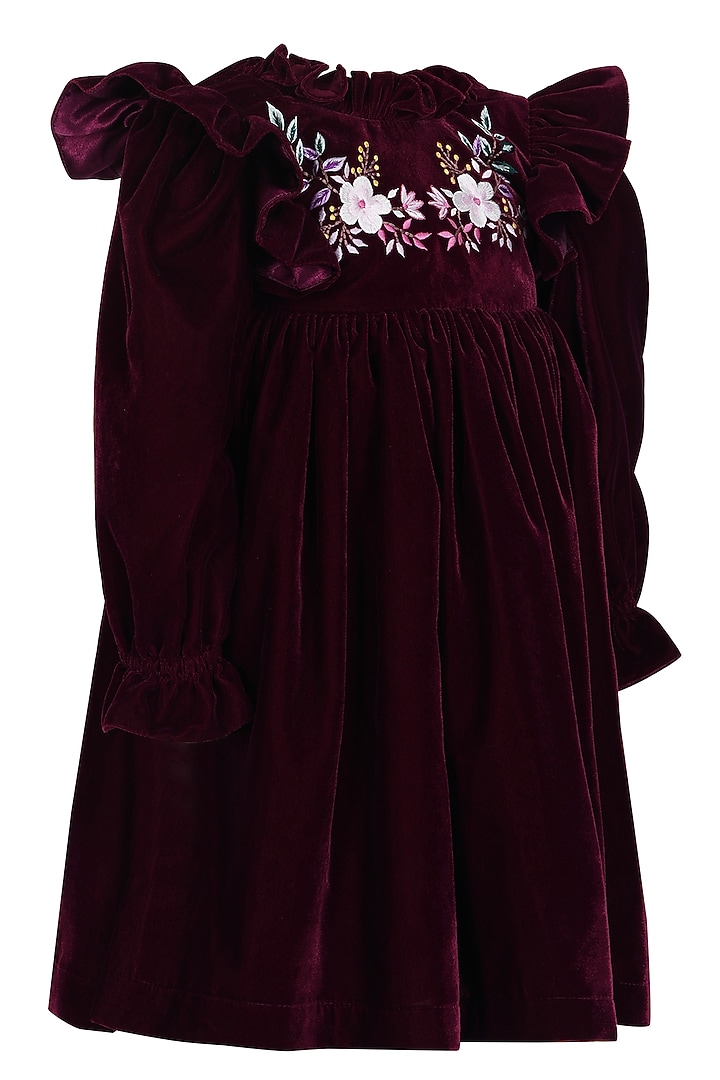 Maroon Velvet Embroidered Dress For Boys by Pooja Wang at Pernia's Pop Up Shop