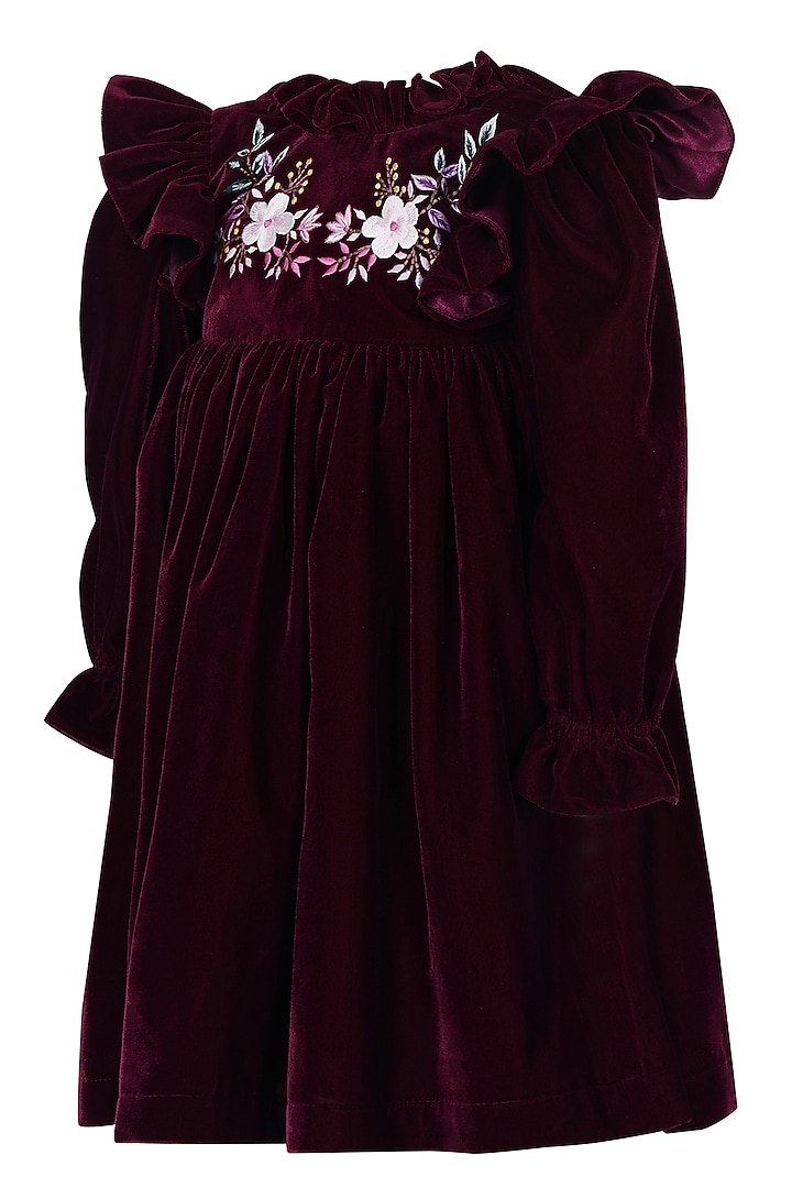 Maroon Velvet Embroidered Dress For Boys by Pooja Wang at Pernia's Pop Up Shop