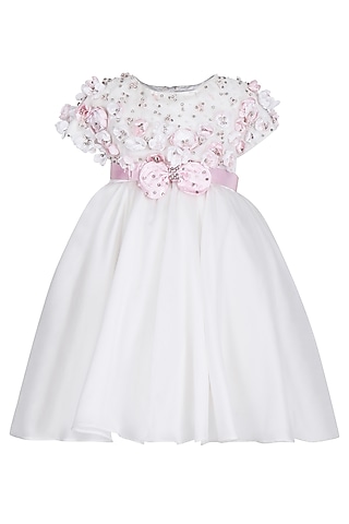 White Organza Tissue Embellished Dress For Girls by Pooja Wang