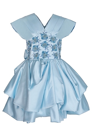 Ice Blue Dutch Satin Embellished Dress For Girls by Pooja Wang
