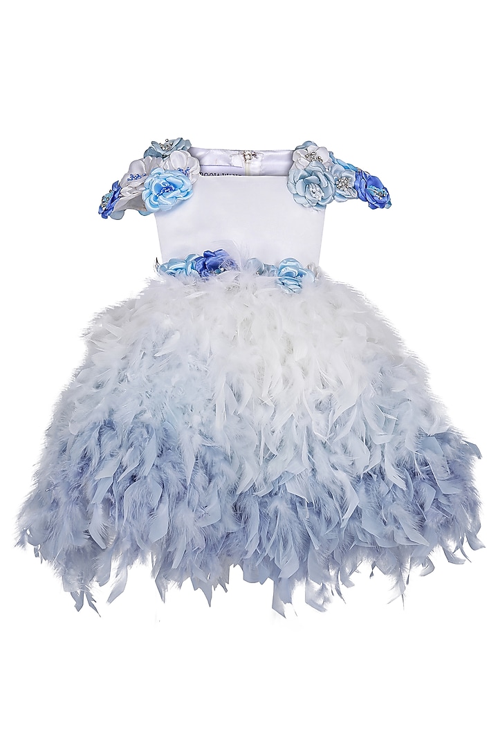 Ice Blue Feather & Dutch Satin Embellished Dress For Girls by Pooja Wang at Pernia's Pop Up Shop