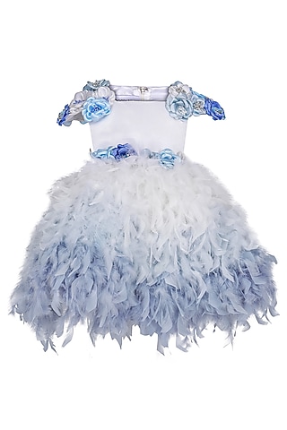 Ice Blue Feather & Dutch Satin Embellished Dress For Girls by Pooja Wang