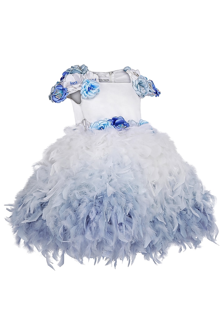 Ice Blue Feather & Dutch Satin Embellished Dress For Girls by Pooja Wang at Pernia's Pop Up Shop