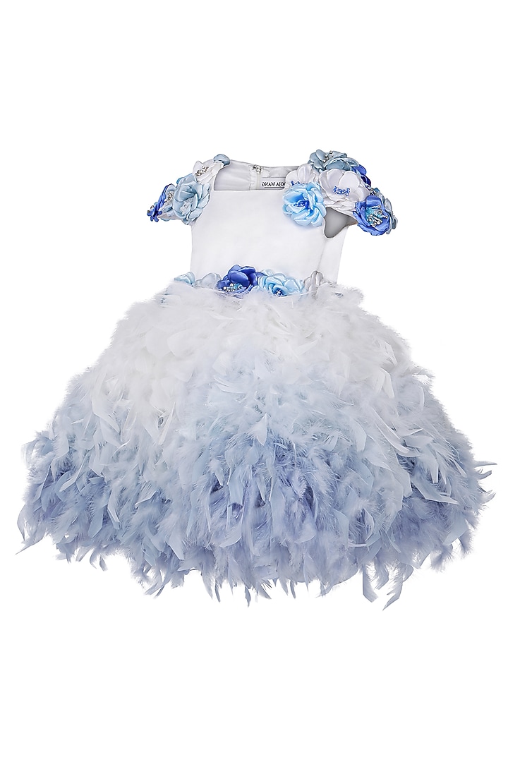 Ice Blue Feather & Dutch Satin Embellished Dress For Girls by Pooja Wang at Pernia's Pop Up Shop