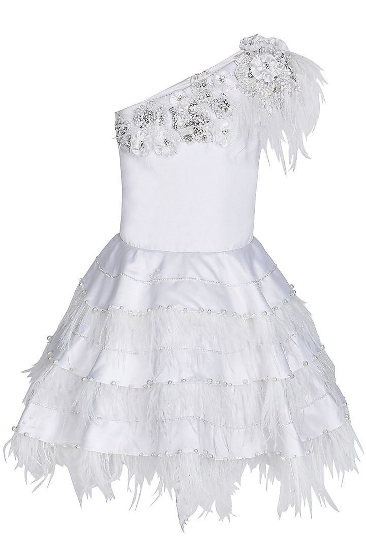 White Dutch Satin Embellished Dress For Girls by Pooja Wang at Pernia's Pop Up Shop