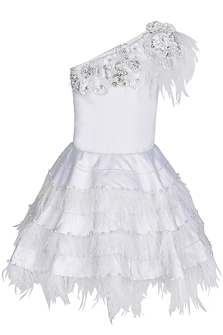 White Dutch Satin Embellished Dress For Girls by Pooja Wang