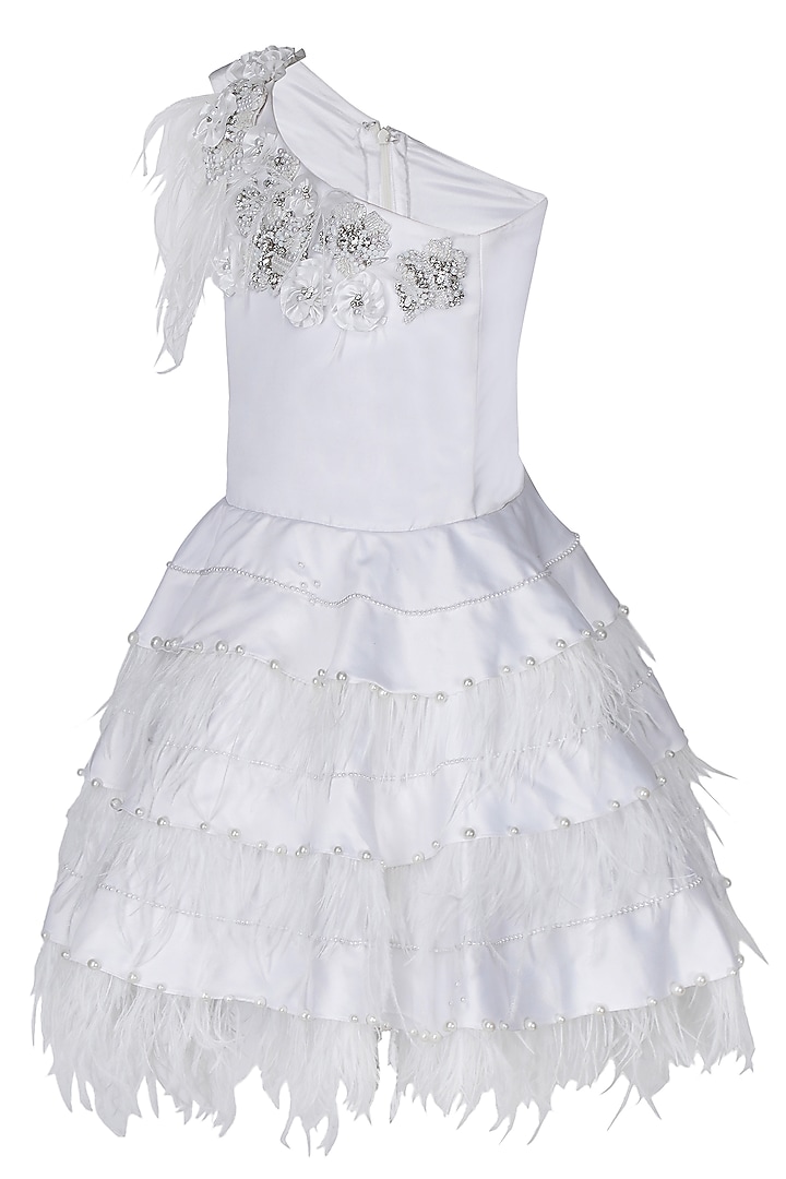 White Dutch Satin Embellished Dress For Girls by Pooja Wang at Pernia's Pop Up Shop