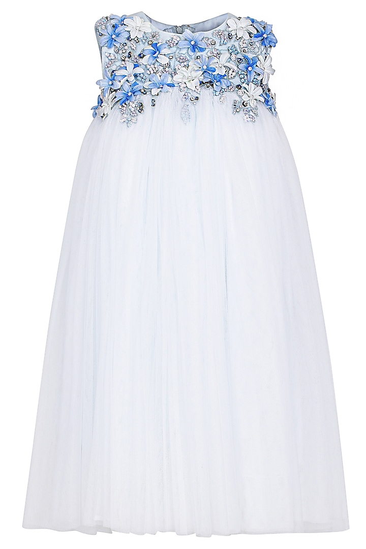 Ice Blue Soft Net Embellished Dress For Girls by Pooja Wang at Pernia's Pop Up Shop