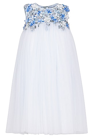Ice Blue Soft Net Embellished Dress For Girls by Pooja Wang