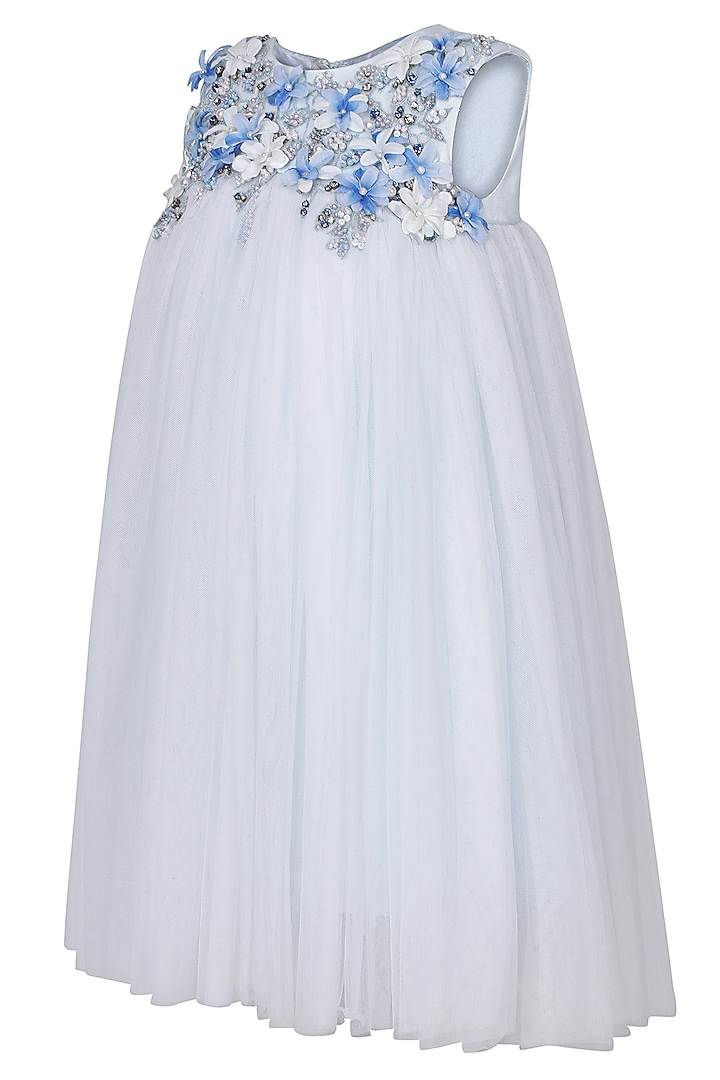 Ice Blue Soft Net Embellished Dress For Girls by Pooja Wang at Pernia's Pop Up Shop