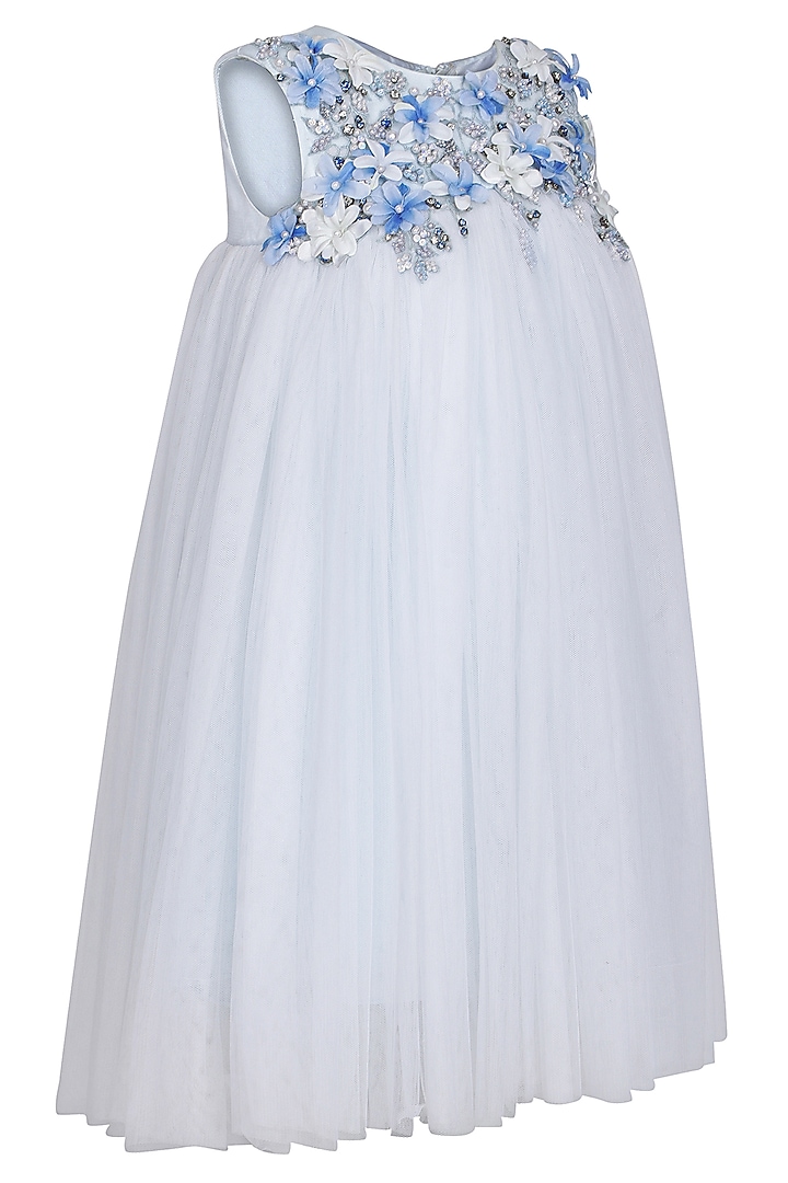 Ice Blue Soft Net Embellished Dress For Girls by Pooja Wang at Pernia's Pop Up Shop