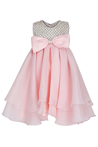 Peach Organza Tissue Embellished Dress For Girls by Pooja Wang