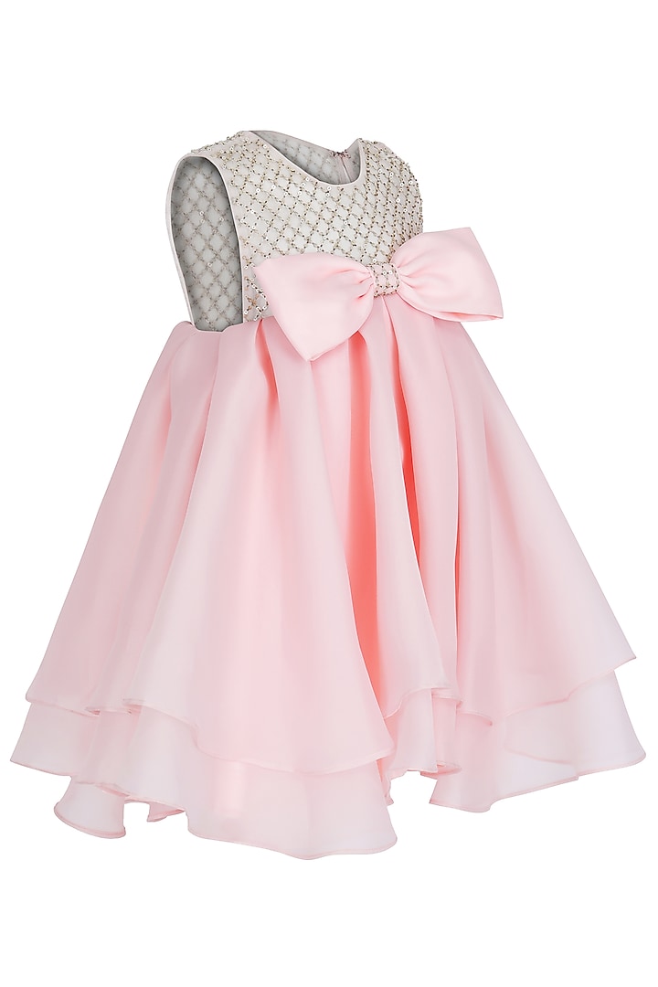 Peach Organza Tissue Embellished Dress For Girls by Pooja Wang at Pernia's Pop Up Shop
