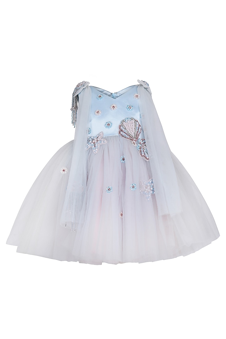 Ice Blue Net Embellished Dress For Girls by Pooja Wang at Pernia's Pop Up Shop