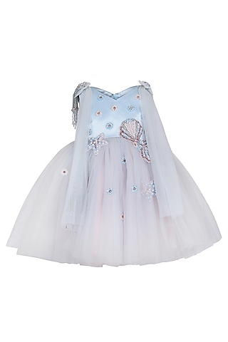 Ice Blue Net Embellished Dress For Girls by Pooja Wang