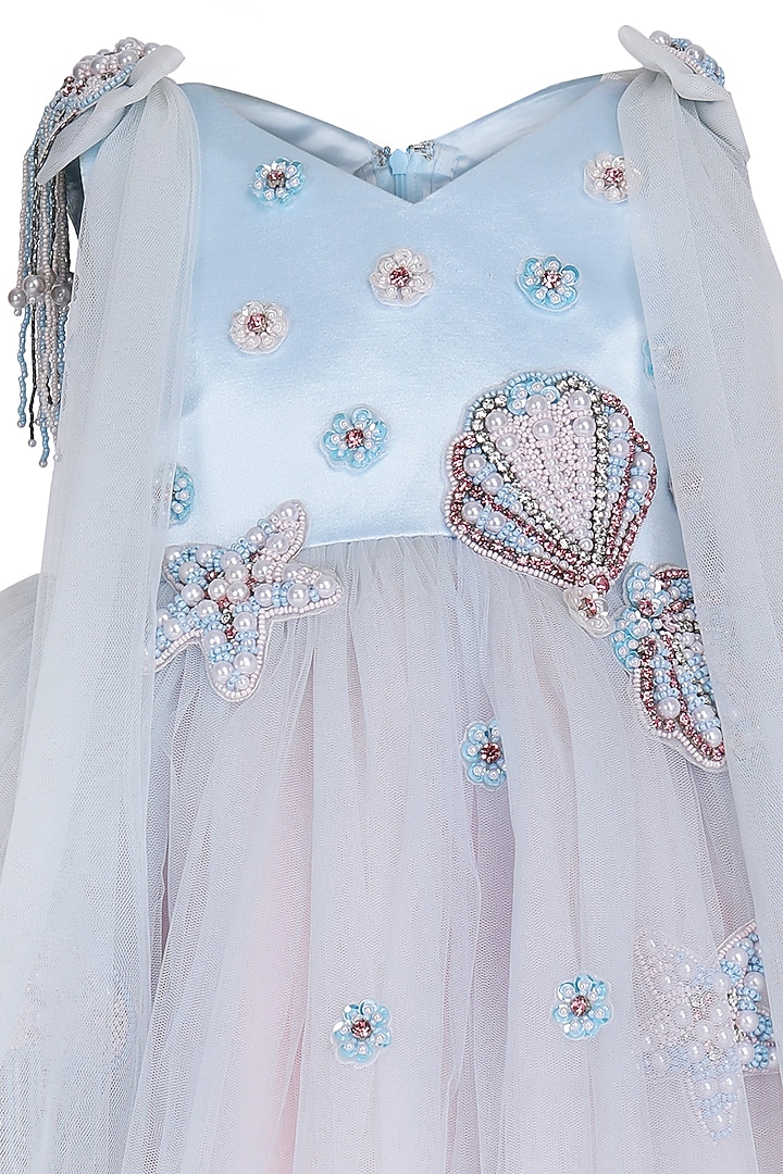 Ice Blue Net Embellished Dress For Girls by Pooja Wang at Pernia's Pop Up Shop