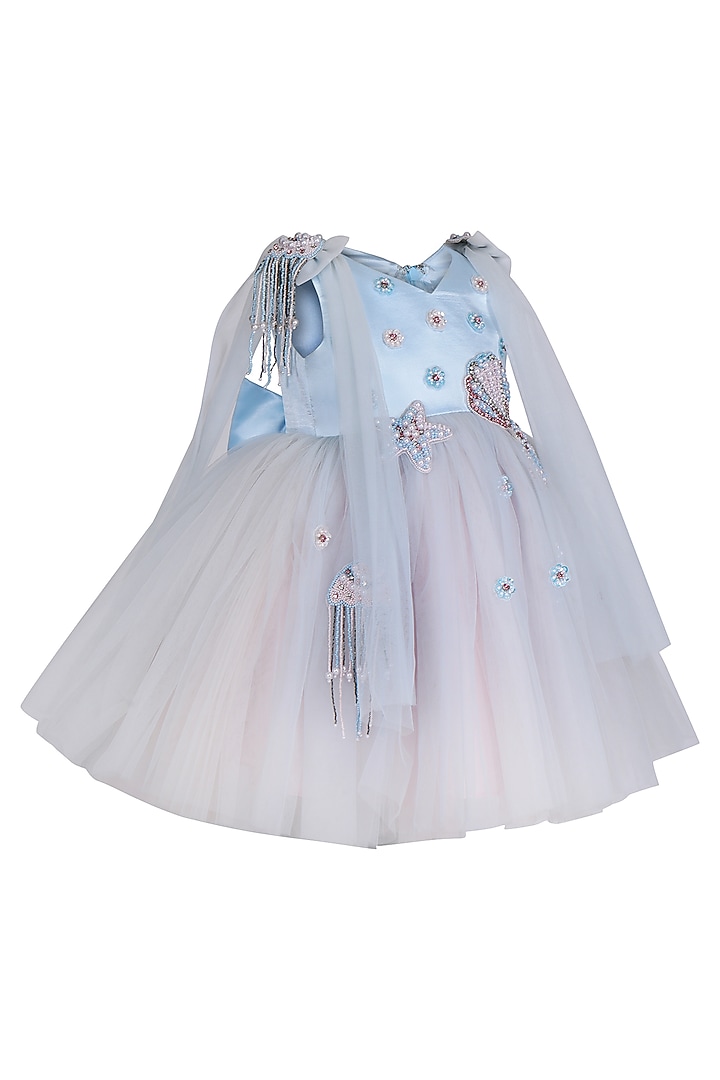 Ice Blue Net Embellished Dress For Girls by Pooja Wang at Pernia's Pop Up Shop