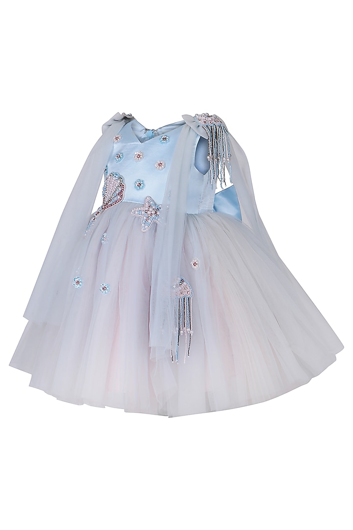 Ice Blue Net Embellished Dress For Girls by Pooja Wang at Pernia's Pop Up Shop