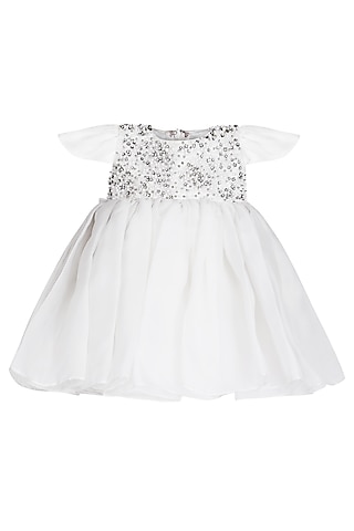 White Organza Tissue Embellished Dress For Girls by Pooja Wang
