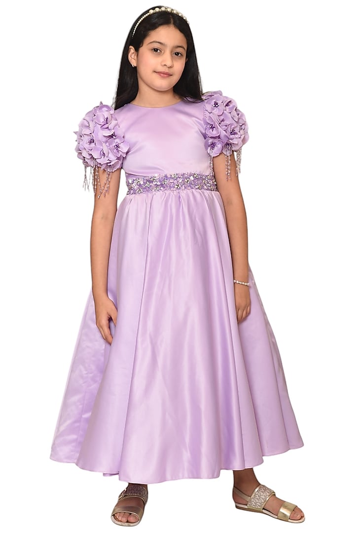 Lavender Dutch Satin Embellished Gown For Girls by Pooja Wang at Pernia's Pop Up Shop