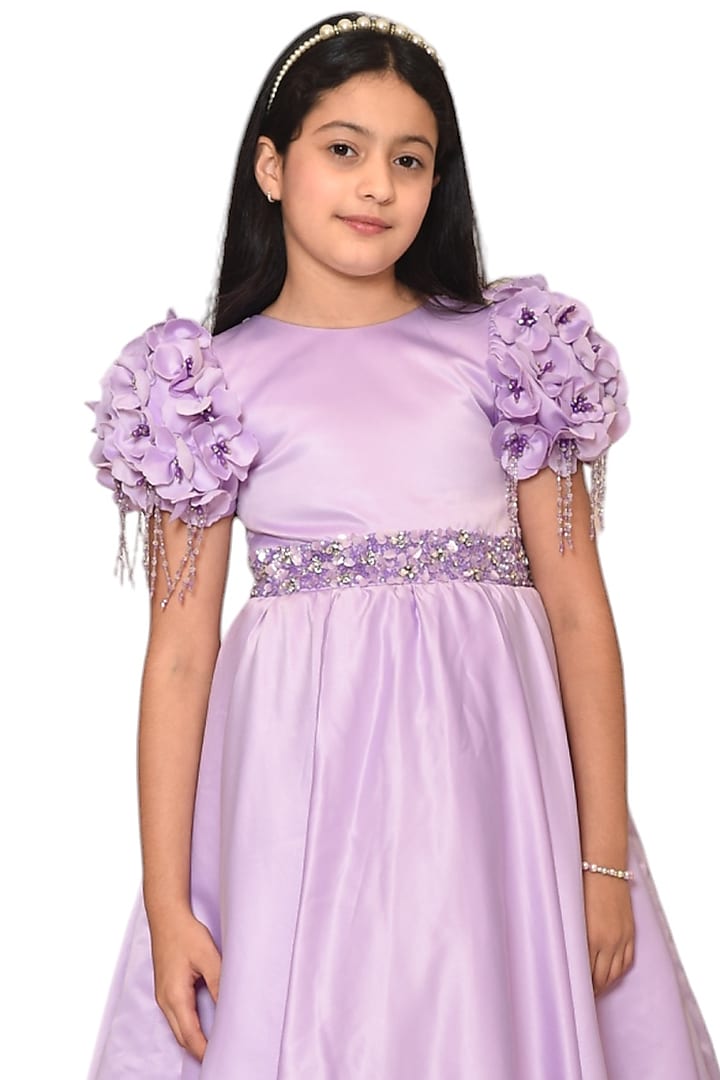 Lavender Dutch Satin Embellished Gown For Girls by Pooja Wang at Pernia's Pop Up Shop