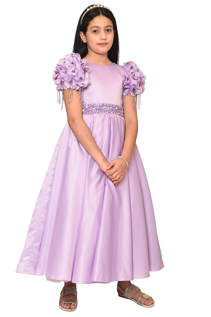 Lavender Dutch Satin Embellished Gown For Girls by Pooja Wang at Pernia's Pop Up Shop