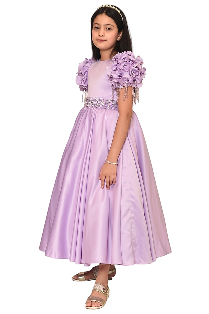 Lavender Dutch Satin Embellished Gown For Girls by Pooja Wang at Pernia's Pop Up Shop