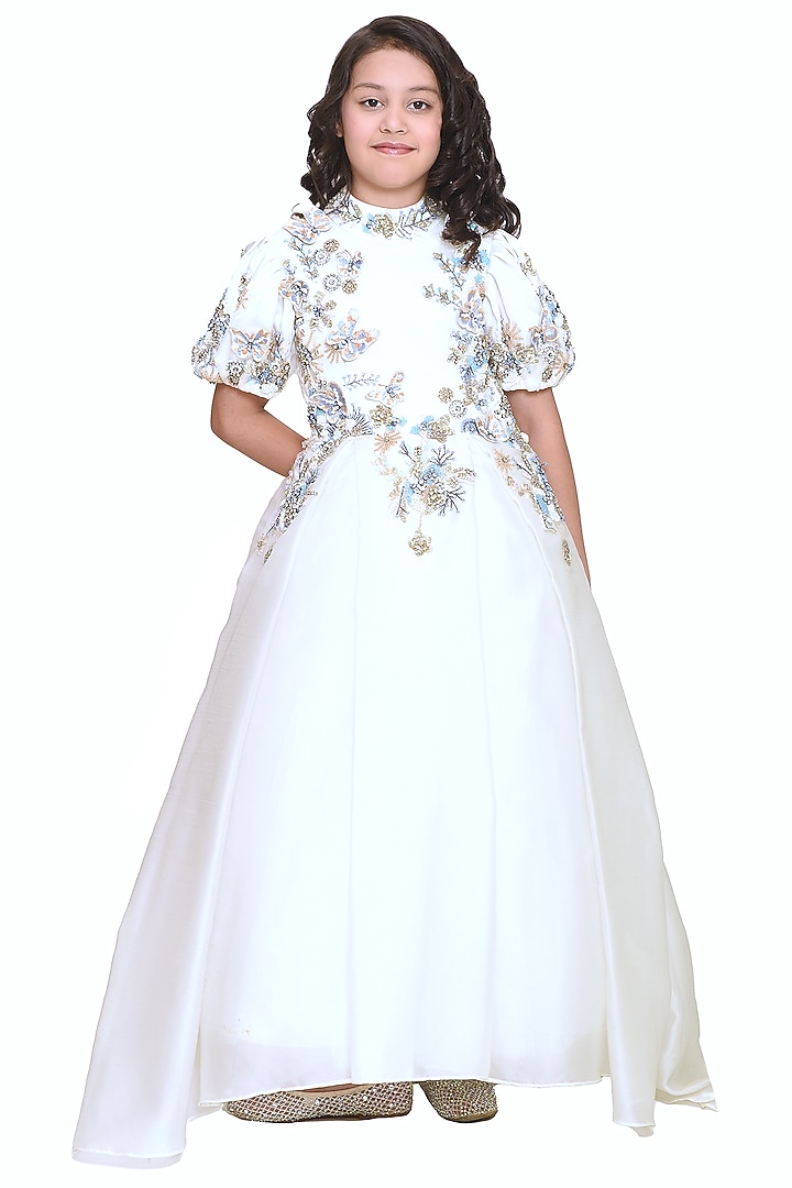 White Organza Tissue Embellished Gown For Girls by Pooja Wang at Pernia's Pop Up Shop