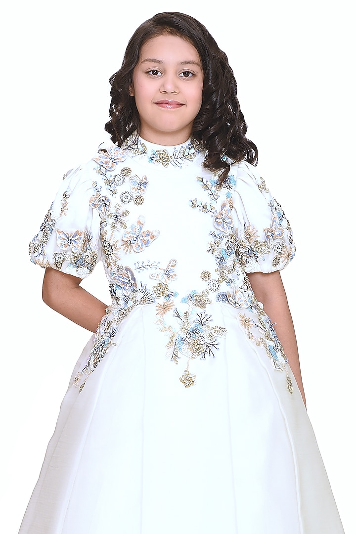 White Organza Tissue Embellished Gown For Girls by Pooja Wang at Pernia's Pop Up Shop