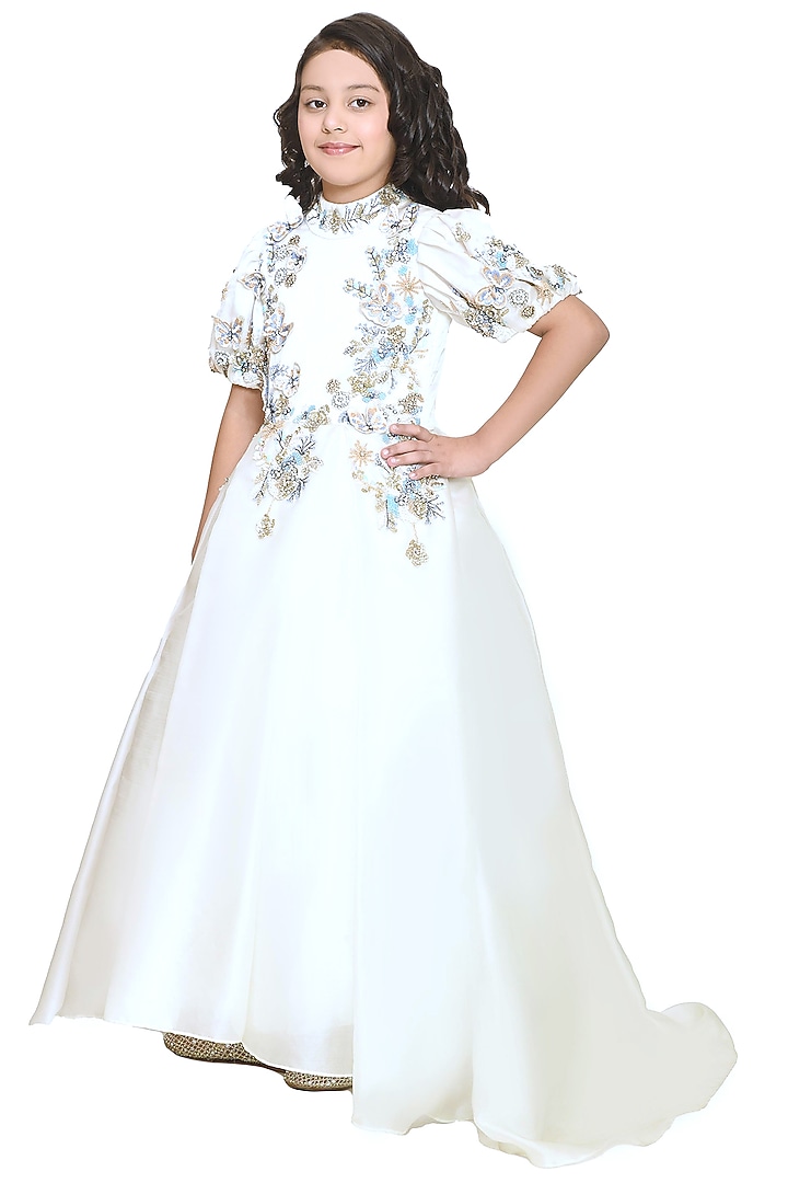 White Organza Tissue Embellished Gown For Girls by Pooja Wang at Pernia's Pop Up Shop