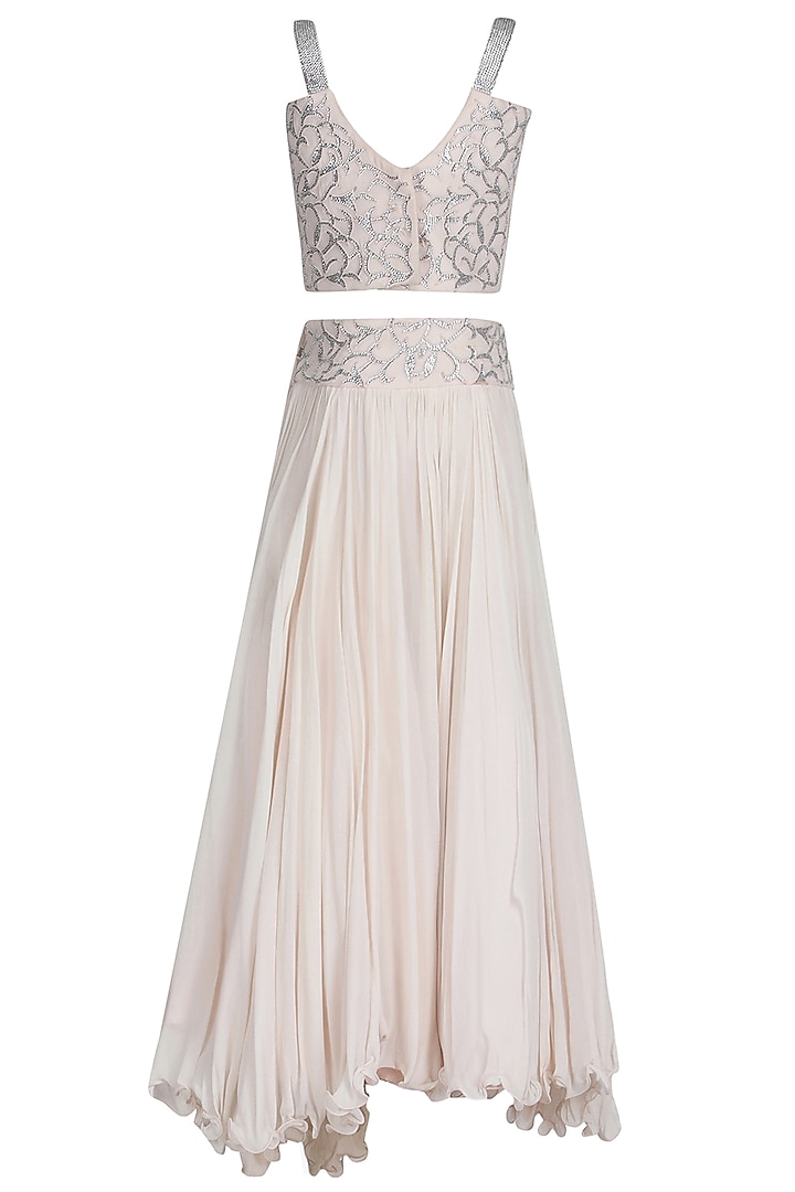 Champagne Georgette Embroidered Lehenga Set For Girls by Pooja Wang at Pernia's Pop Up Shop