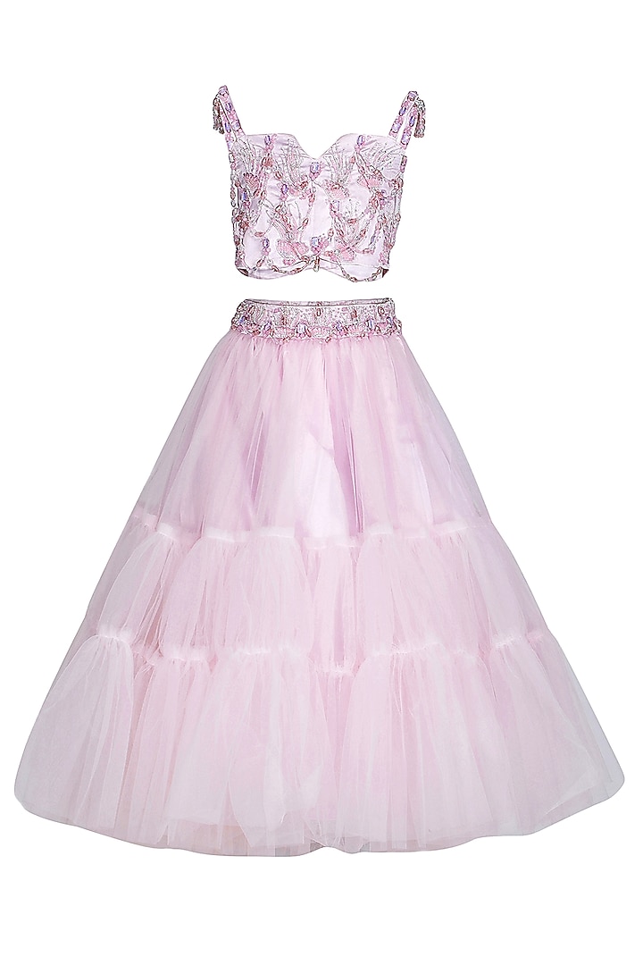 Baby Pink Net Embroidered Lehenga Set For Girls by Pooja Wang at Pernia's Pop Up Shop