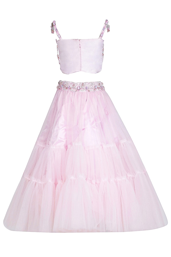 Baby Pink Net Embroidered Lehenga Set For Girls by Pooja Wang at Pernia's Pop Up Shop