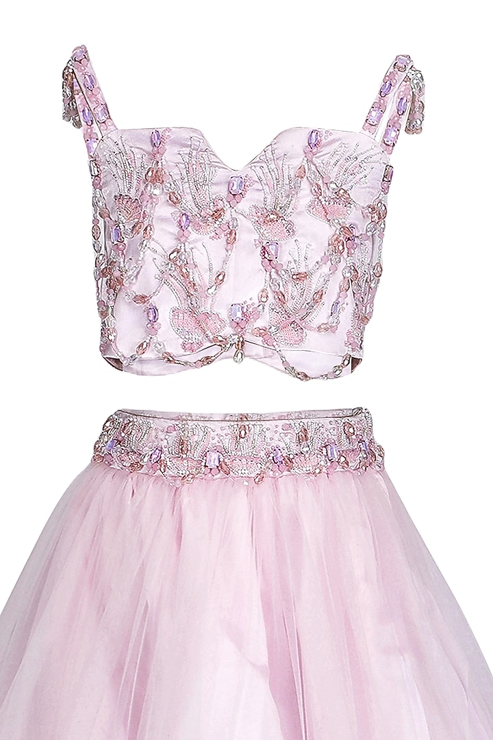 Baby Pink Net Embroidered Lehenga Set For Girls by Pooja Wang at Pernia's Pop Up Shop